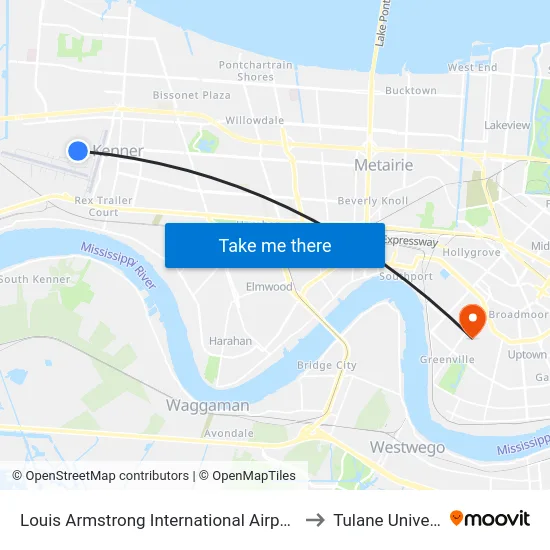 Louis Armstrong International Airport (Msy) to Tulane University map
