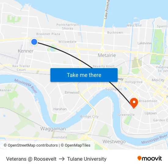 Veterans @ Roosevelt to Tulane University map