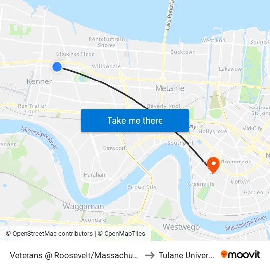 Veterans @ Roosevelt/Massachusetts to Tulane University map