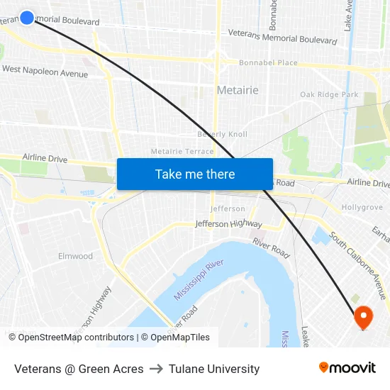 Veterans @ Green Acres to Tulane University map