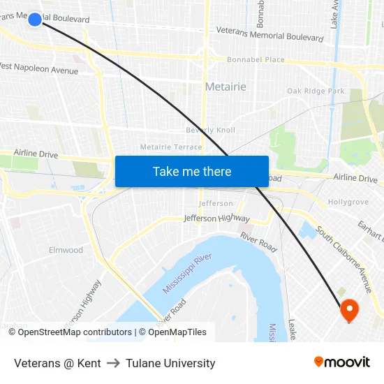 Veterans @ Kent to Tulane University map