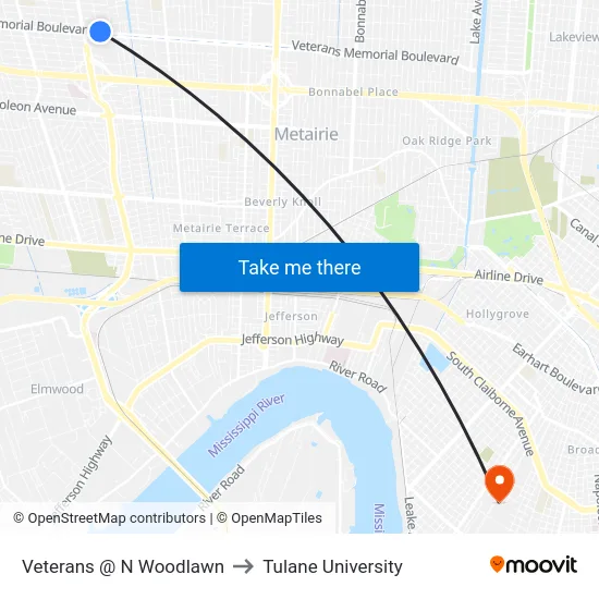 Veterans @ N Woodlawn to Tulane University map