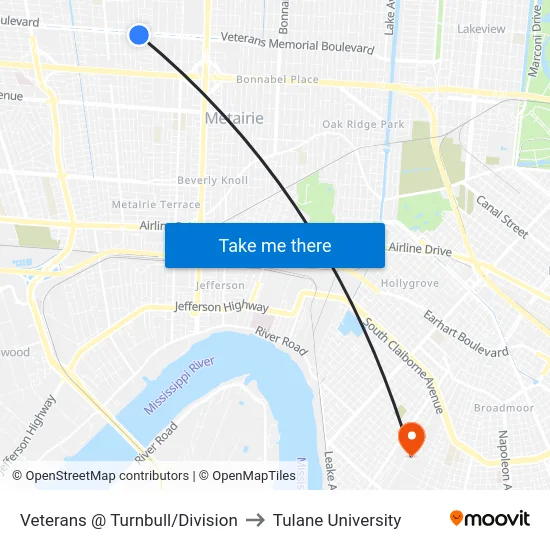 Veterans @ Turnbull/Division to Tulane University map