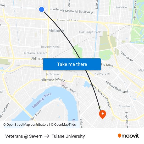 Veterans @ Severn to Tulane University map