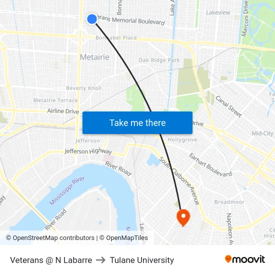 Veterans @ N Labarre to Tulane University map