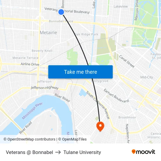 Veterans @ Bonnabel to Tulane University map
