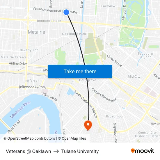 Veterans @ Oaklawn to Tulane University map