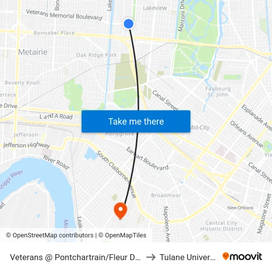 Veterans @ Pontchartrain/Fleur De Lis to Tulane University map
