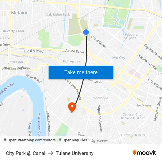 City Park @ Canal to Tulane University map