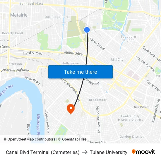 Canal Blvd Terminal (Cemeteries) to Tulane University map