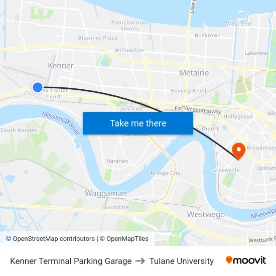 Kenner Terminal Parking Garage to Tulane University map