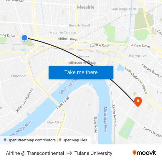 Airline @ Transcontinental to Tulane University map
