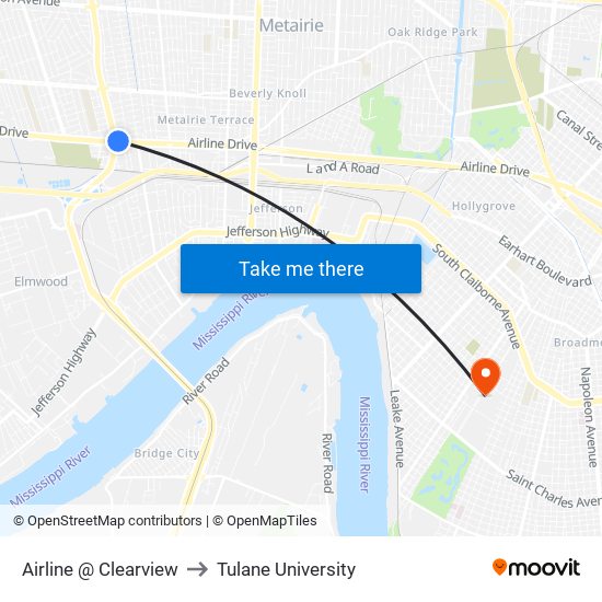 Airline @ Clearview to Tulane University map