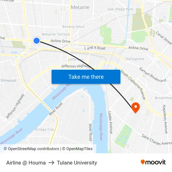 Airline @ Houma to Tulane University map