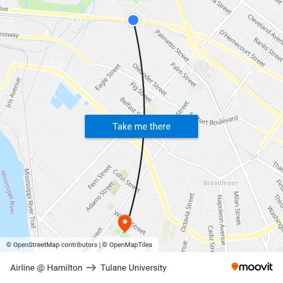 Airline @ Hamilton to Tulane University map