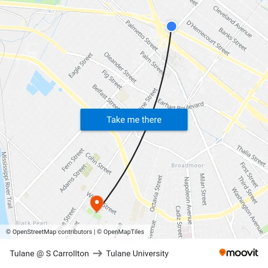 Tulane @ S Carrollton to Tulane University map