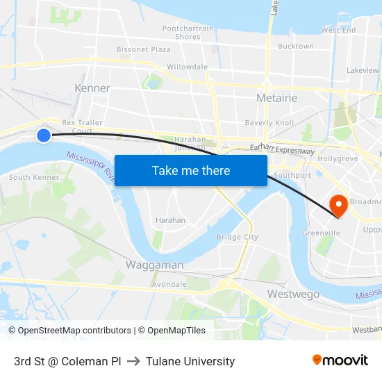3rd St @ Coleman Pl to Tulane University map