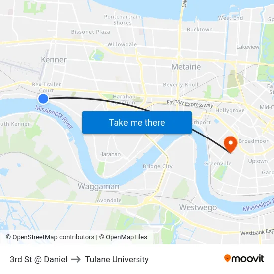 3rd St @ Daniel to Tulane University map