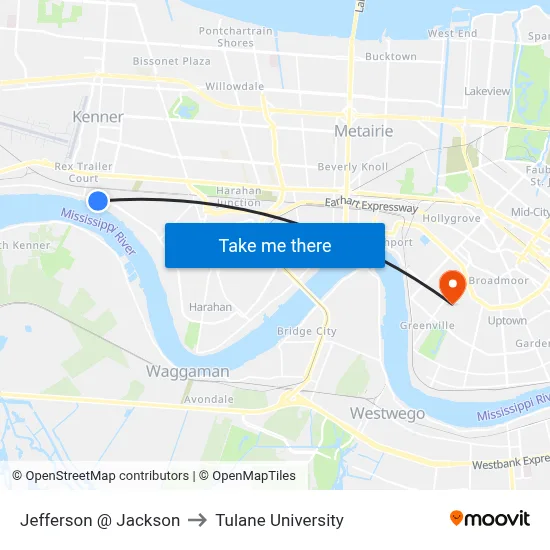 Jefferson @ Jackson to Tulane University map