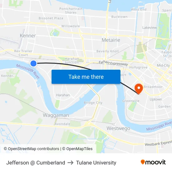 Jefferson @ Cumberland to Tulane University map