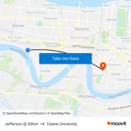 Jefferson @ Dilton to Tulane University map