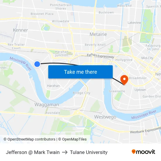 Jefferson @ Mark Twain to Tulane University map