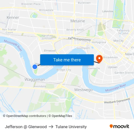 Jefferson @ Glenwood to Tulane University map