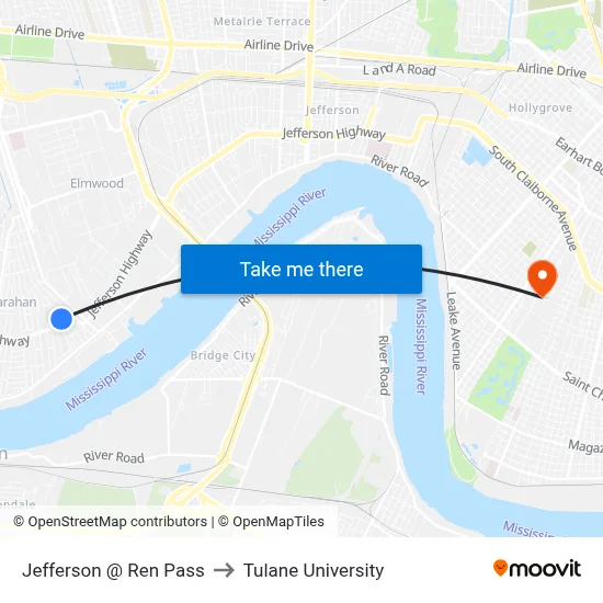 Jefferson @ Ren Pass to Tulane University map