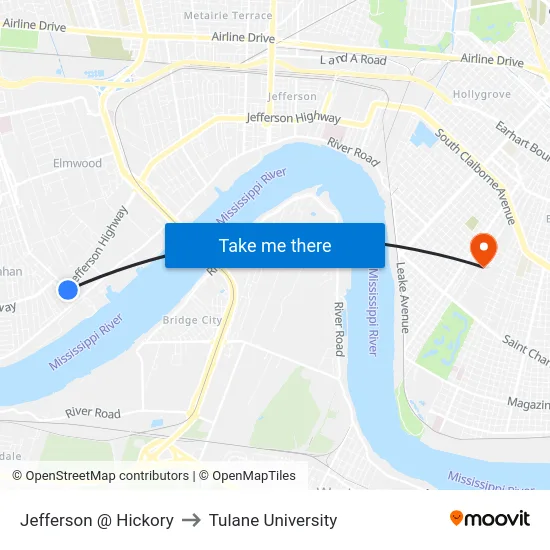 Jefferson @ Hickory to Tulane University map