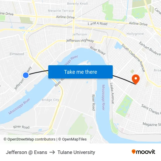 Jefferson @ Evans to Tulane University map