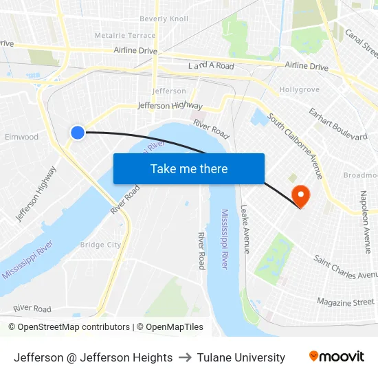 Jefferson @ Jefferson Heights to Tulane University map