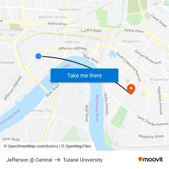 Jefferson @ Central to Tulane University map