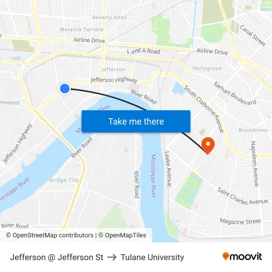 Jefferson @ Jefferson St to Tulane University map