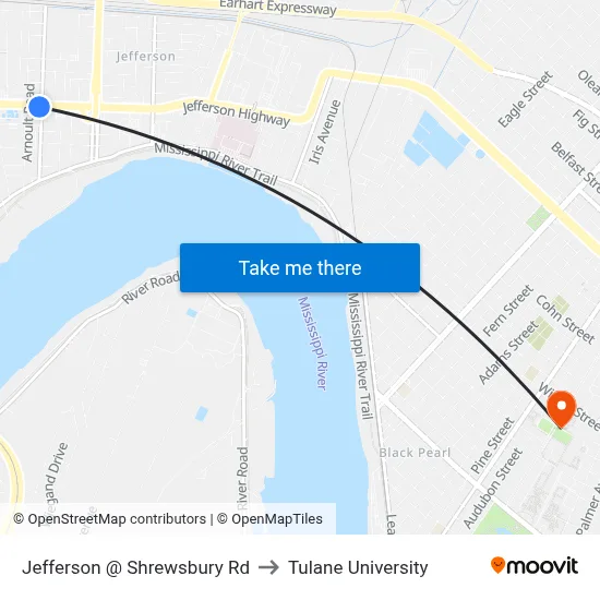 Jefferson @ Shrewsbury Rd to Tulane University map