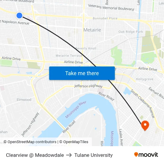 Clearview @ Meadowdale to Tulane University map