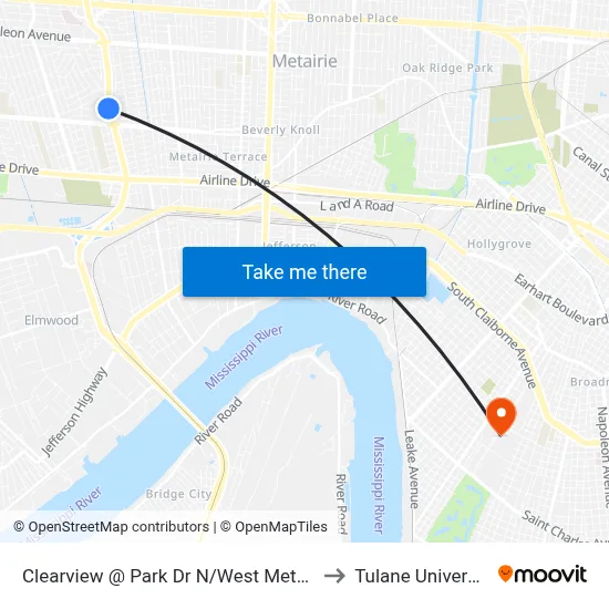 Clearview @ Park Dr N/West Metairie to Tulane University map
