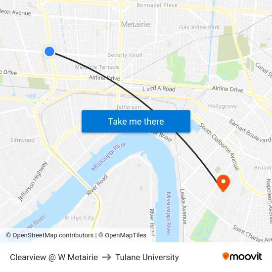 Clearview @ W Metairie to Tulane University map