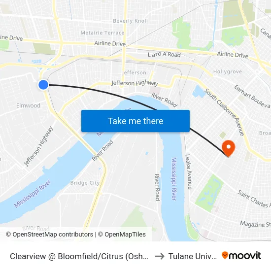 Clearview @ Bloomfield/Citrus (Oshner Hospital) to Tulane University map