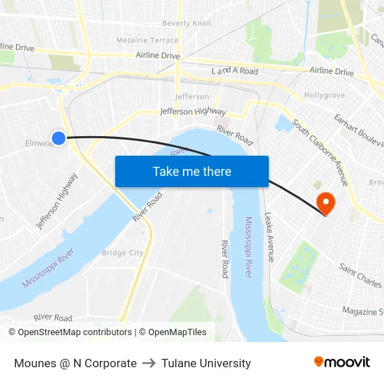Mounes @ N Corporate to Tulane University map