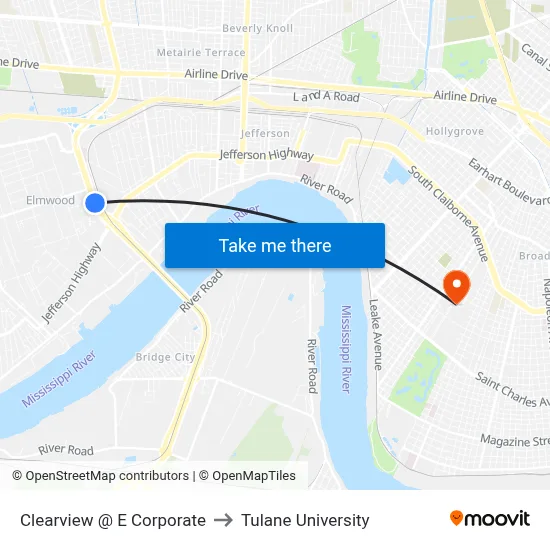 Clearview @ E Corporate to Tulane University map