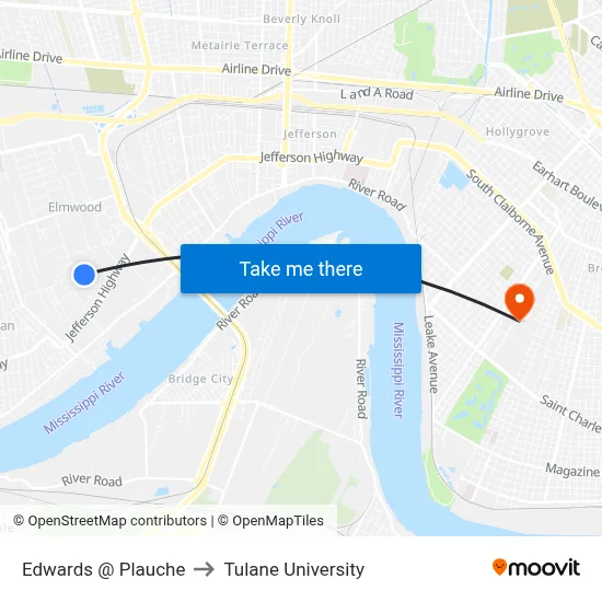 Edwards @ Plauche to Tulane University map