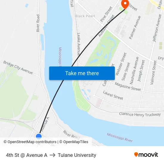 4th St @ Avenue A to Tulane University map