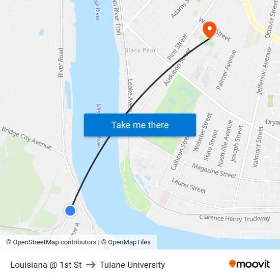 Louisiana @ 1st St to Tulane University map