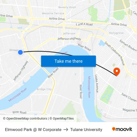 Elmwood Park @ W Corporate to Tulane University map