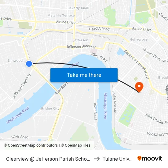 Clearview @ Jefferson Parish School System to Tulane University map