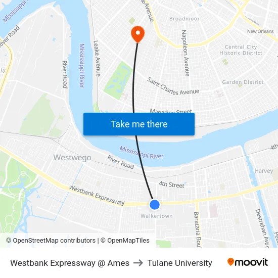 Westbank Expressway @ Ames to Tulane University map