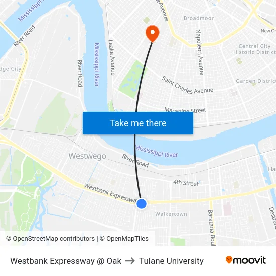 Westbank Expressway @ Oak to Tulane University map