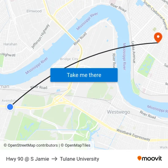 Hwy 90 @ S Jamie to Tulane University map