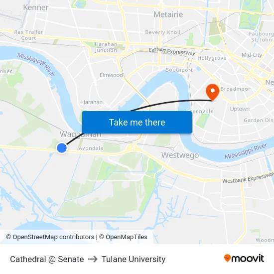 Cathedral @ Senate to Tulane University map
