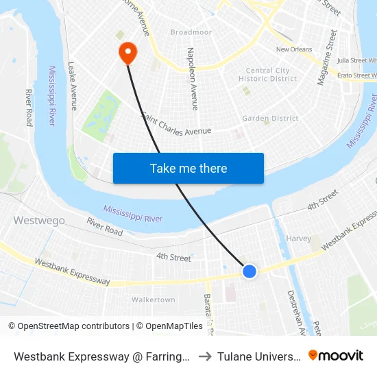 Westbank Expressway @ Farrington to Tulane University map